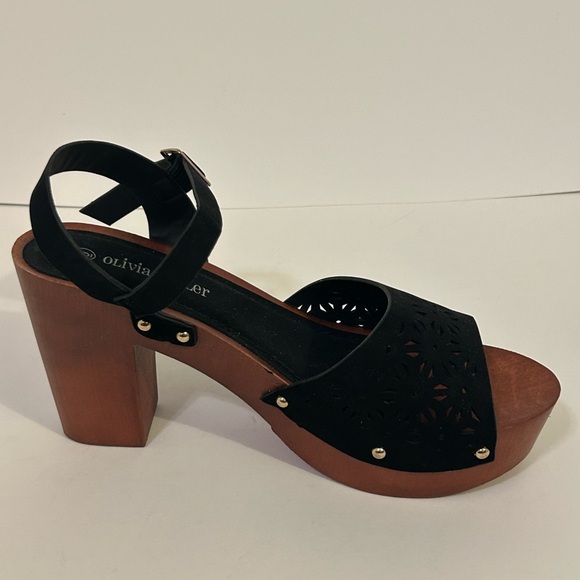 Olivia Miller Wedge Out Womens 9 Black Chunky Block Studded Open Toe - Picture 8 of 10